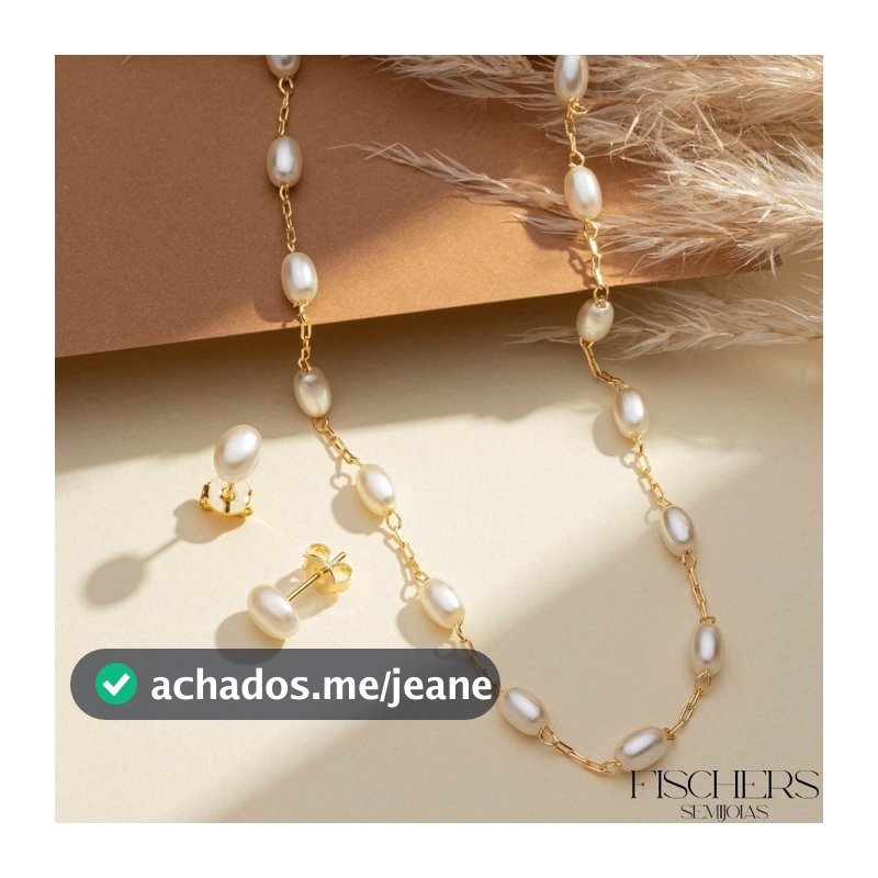 Conjunto Colar e Brinco Pérola Oval Banhado a Ouro 18k
