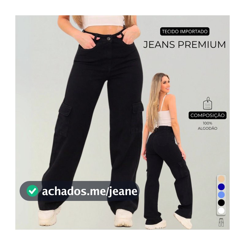 Calça Cargo Feminina Preta Jeans Original Wide Leg Pantalona Cintura Alta 34 ao 44 + 5 Cores