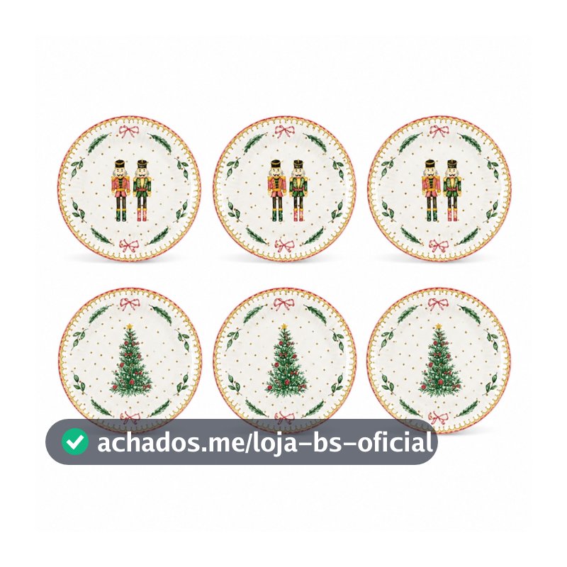 Kit 6 Pratos de Sobremesa Natalinos 21cm Porcelana Árvore Quebra-Nozes Mesa Posta Ceia de Natal