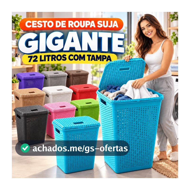 Cesto de Roupa Suja com Tampa 72L Grande Plástico Resistente para Lavanderia Banheiro Família