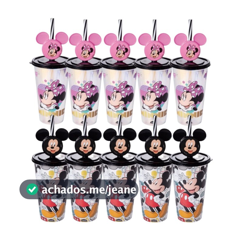 Kit Festa Lembrancinha Aniversário Copo Canudo Minnie e Mickey 500 mL Plasútil Resistente Seguro