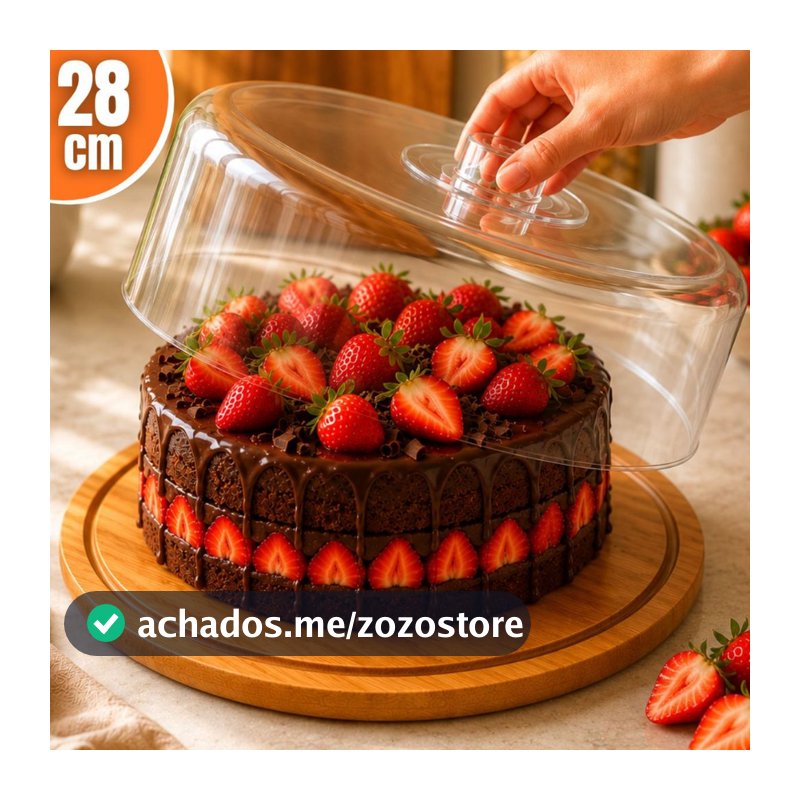 Boleira Base Bambu Com Tampa Em Acrílico Porta Bolo Queijeira Doces Torta Pudim Queijo Grande 28cm