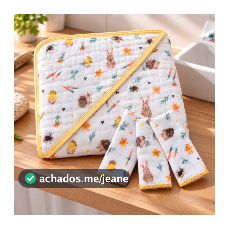 Kit 1 Toalha Banho Soft Bebe Capuz Fralda Grossa + 3 paninhos boca 100% Algodão Menino Menina
