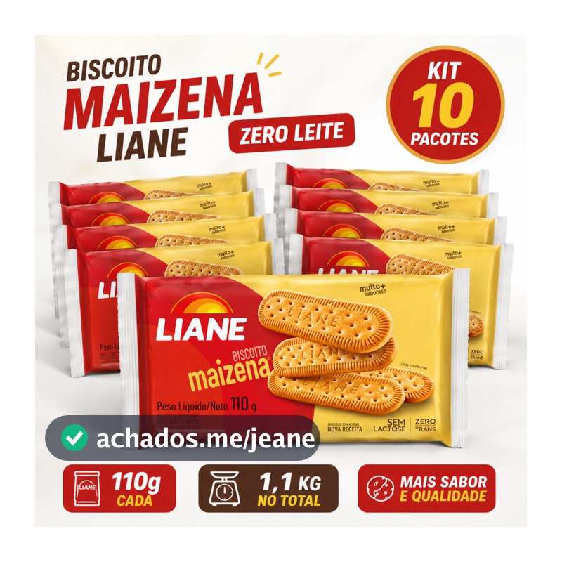 Biscoito Maizena Liane Zero Leite 110g Kit 10 Pacotes Sem Lactose Vegano Lanche