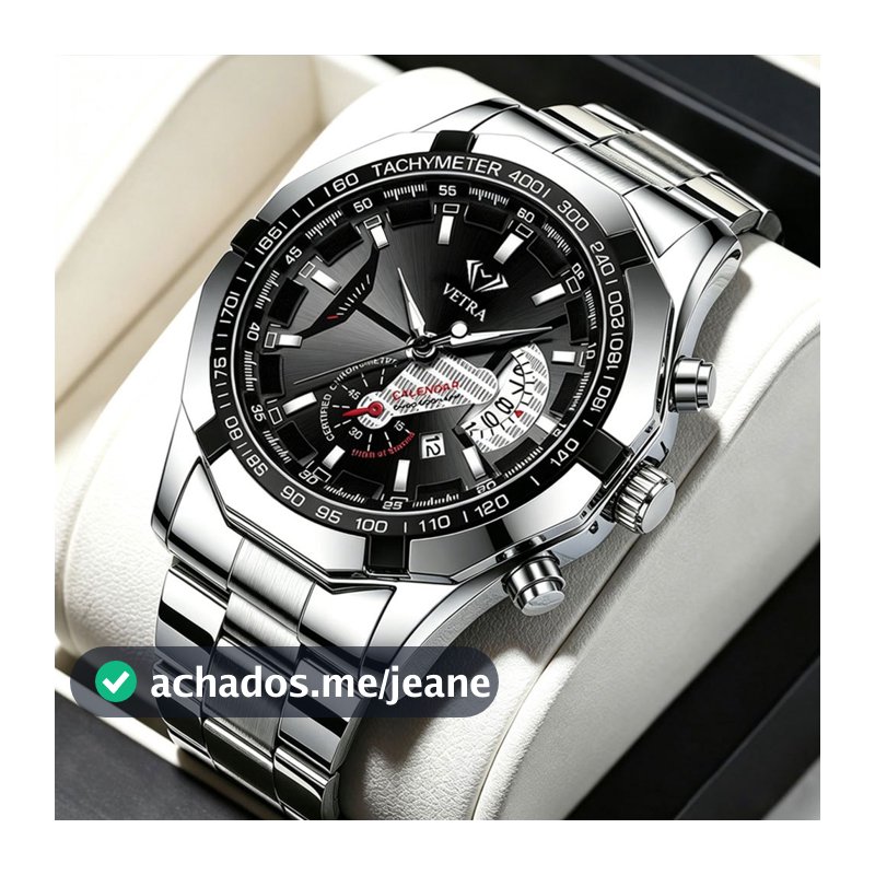 VETRA Relógio Masculino Original Relogio Luxo a Prova d Água Presente para Homem Aço Inoxidável Preto Prata 6138