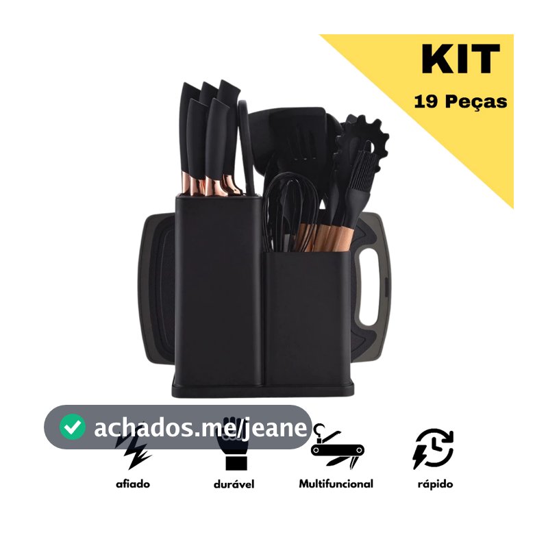 Kit Completo Jogo Utensílios de Cozinha Luxo 19 Peças Com Tábua em Silicone e Plástico Espátula Faca Tesoura