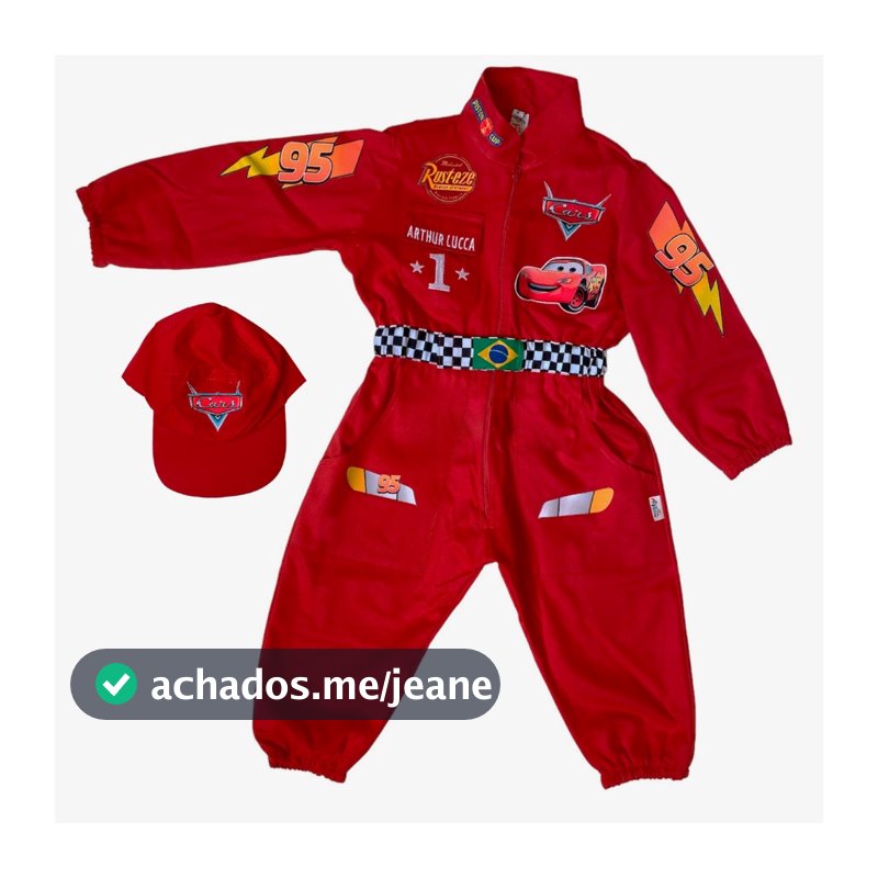 Macacão Fantasia Infantil Piloto tipo Carros McQueen Personalizada Nome e idade c/ Boné