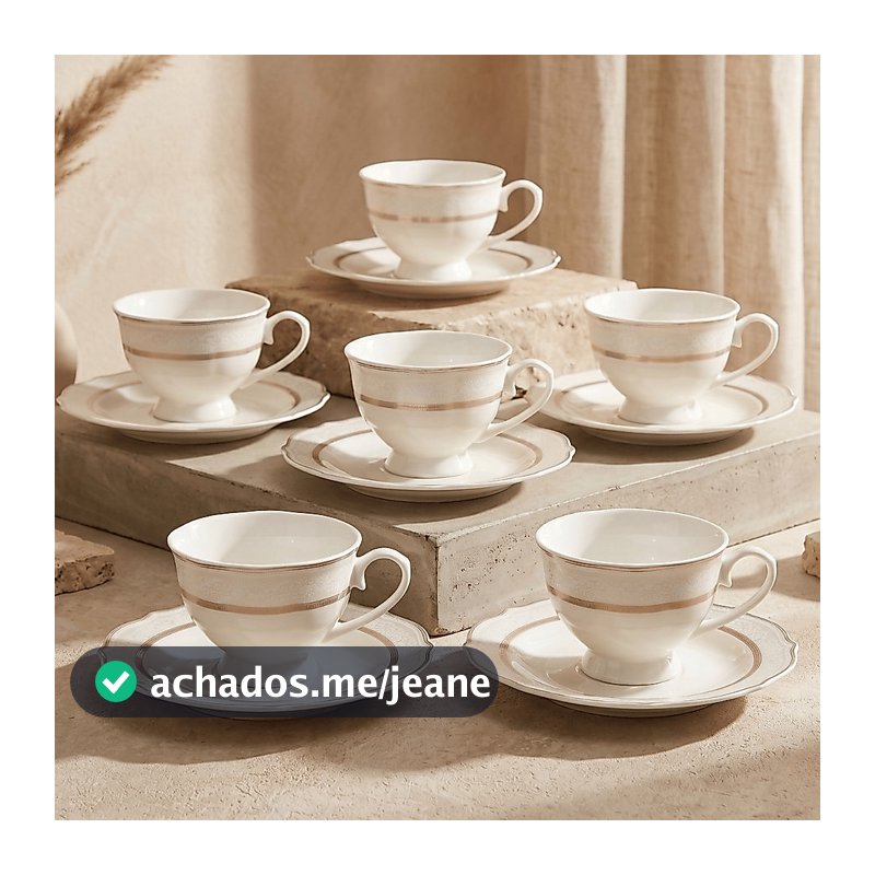 Jogo 6 Xícaras e Pires Café Porcelana New Bone Trésor Fio Ouro 90ml Luxo Premium