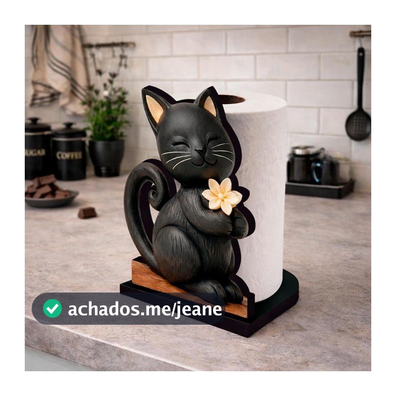 Porta Papel Toalha Gato Preto MDF Suporte Rolo Cozinha Decorativo Fofo Moderno