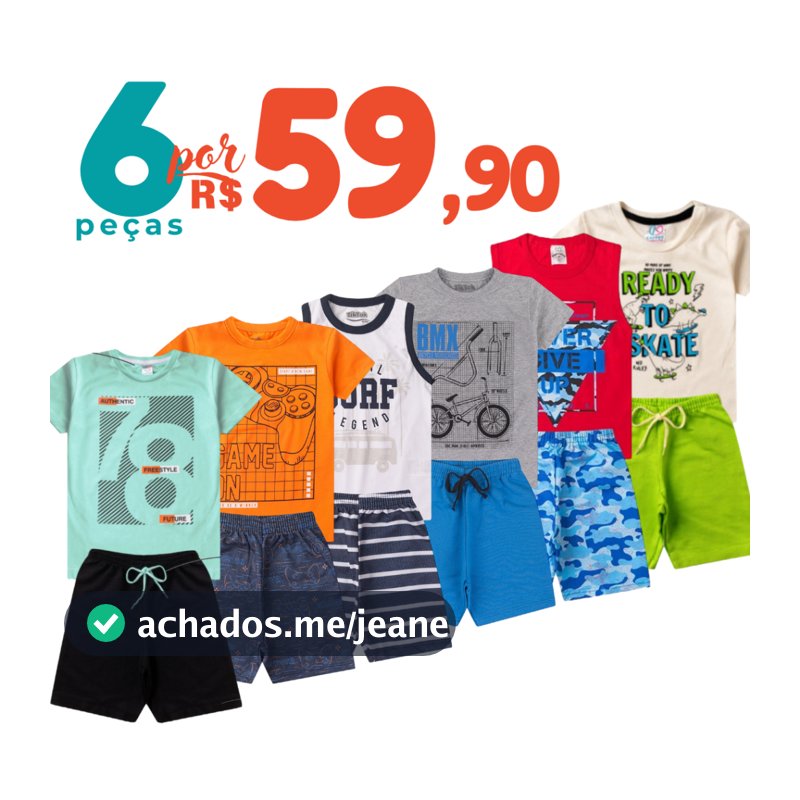 Kit 6 Peças Roupa Infantil Menino Conjunto Verão Algodão Camiseta e Bermuda 1 a 12 Anos