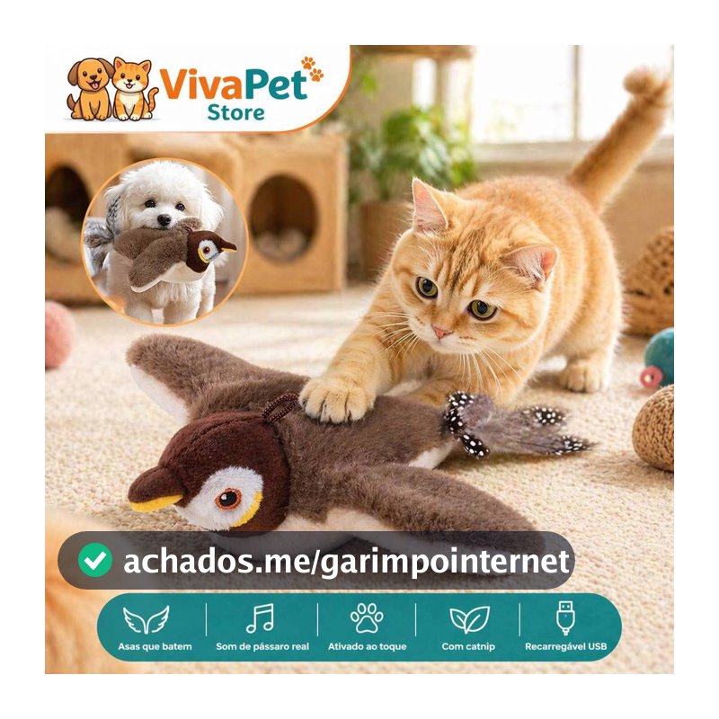 Brinquedo Interativo para Gato Pássaro Eletrônico com Som e Movimento USB Recarregável com Catnip