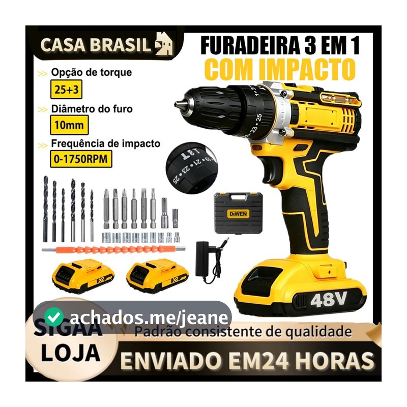 Parafusadeira 48V/18V Recarregável Profissional C/ 1 ou 2 Baterias, Maleta e Acessórios Completos