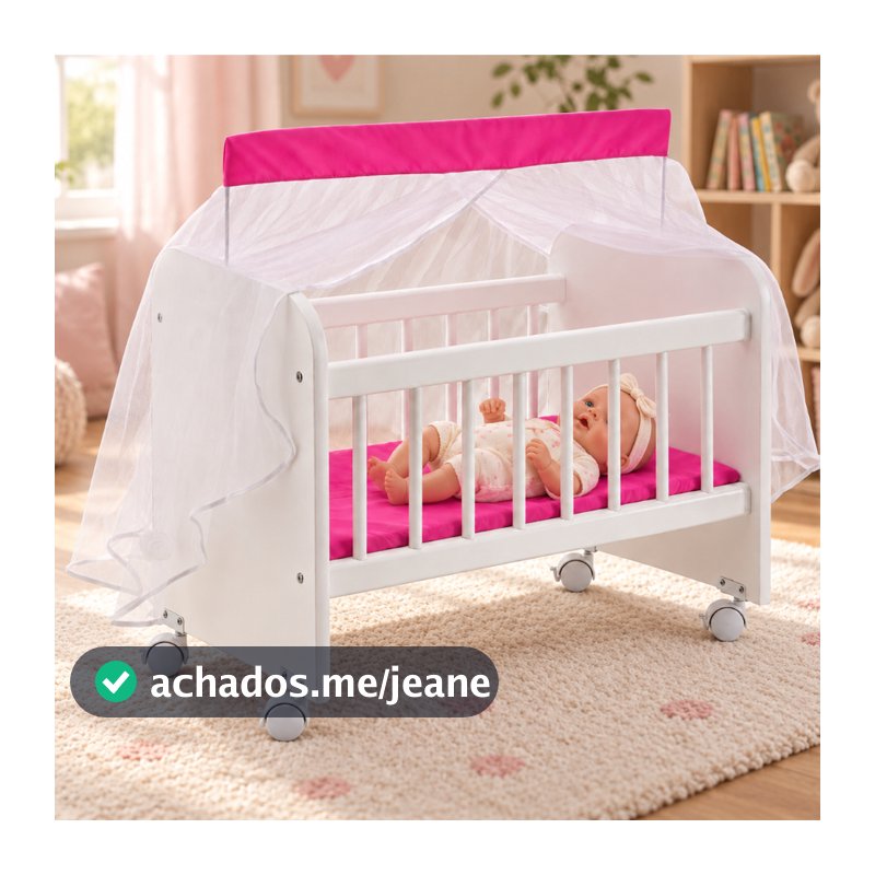 Brinquedo Berço de Boneca Rosa com Colchão + Véu Mosquiteiro e Rodinhas