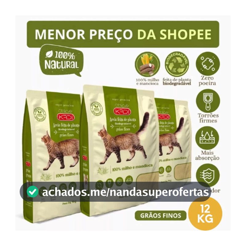 Areia Biodegradável Kadi Grãos Finos Gato 12 KG Grão Cat Milho Mandioca Bio (3 pacotes de 4 kg)
