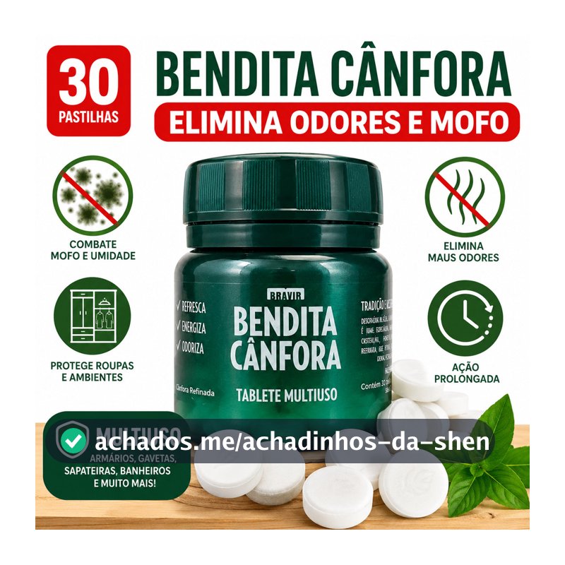 Pastilhas de Cânfora Bendita Cânfora 30 Unidades Antimofo Elimina Odores Armários Gavetas Sapateiras