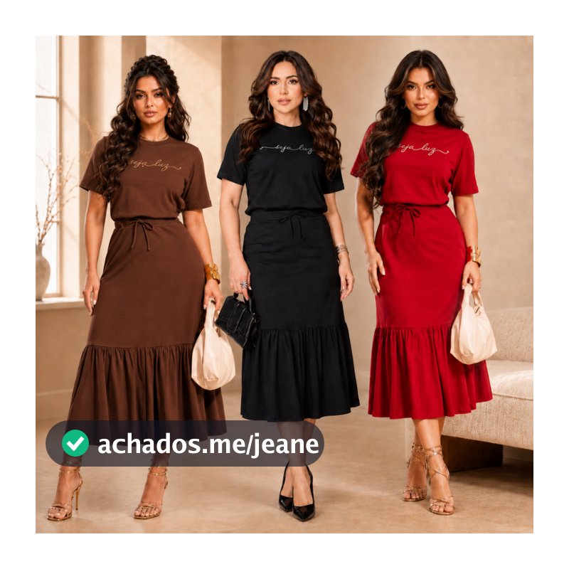 Conjuto de Saia Gola Alta Evangélico Cristão Silk Strass Seja Luz Perolas Babado com Fenda Lateral