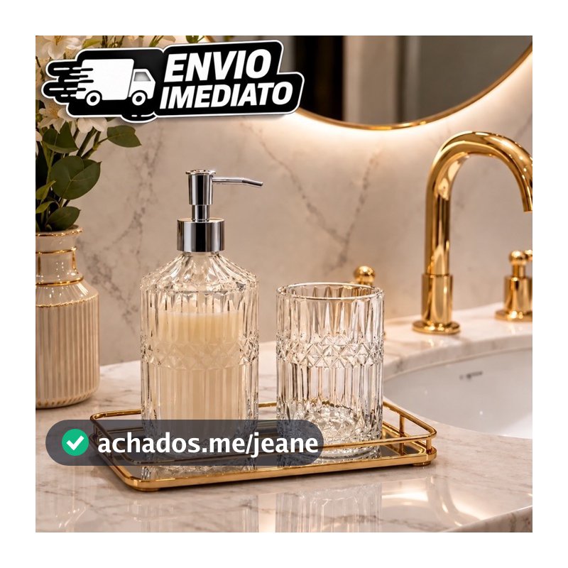 Kit Banheiro 2 Peças Vidro Canelado Luxo Dispenser Sabonete + Porta Escova Elegante