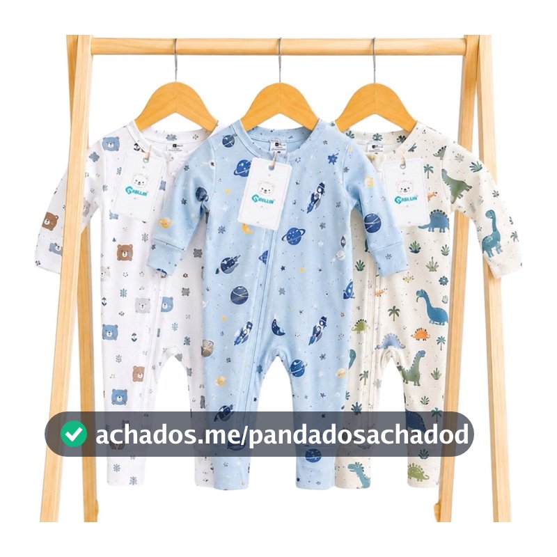 Kit 3 Macacões Bebê Infantil 100% Algodão para Menino Macacão com Zíper Vira Pé
