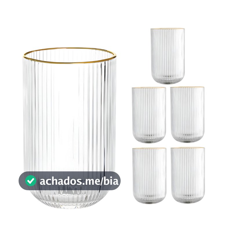 Jogo 4/6/12 Copos de Vidro Versalhes Fio De Ouro Borda Dourada Cameratta Grafiatto Canelado 420ml