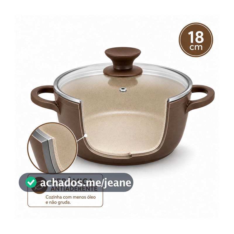 Panela Caçarola Cerâmica Antiaderente 18cm Apollo Marrom com Tampa de Vidro 1,6L