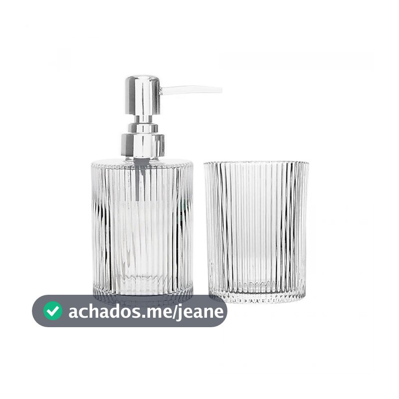 Conjunto 2 Peças para Banheiro de Vidro Lines Lyor Dispenser Sabonete Líquido e Porta Escova Dentes Decoração Requintada