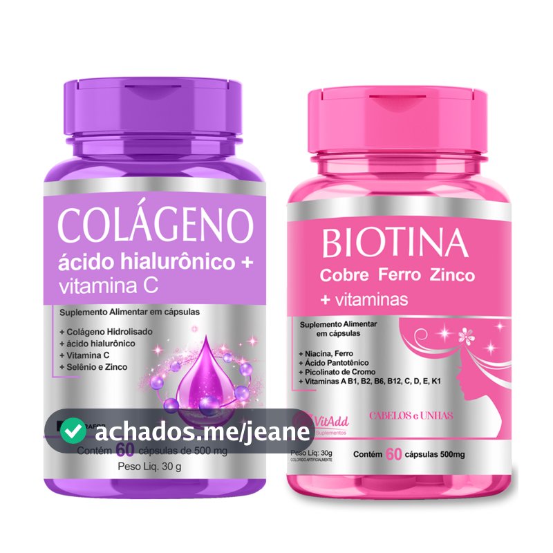 Kit Pele Cabelos e Unhas: Colágeno + Ácido Hialurônico + Biotina e Vitaminas 120cps