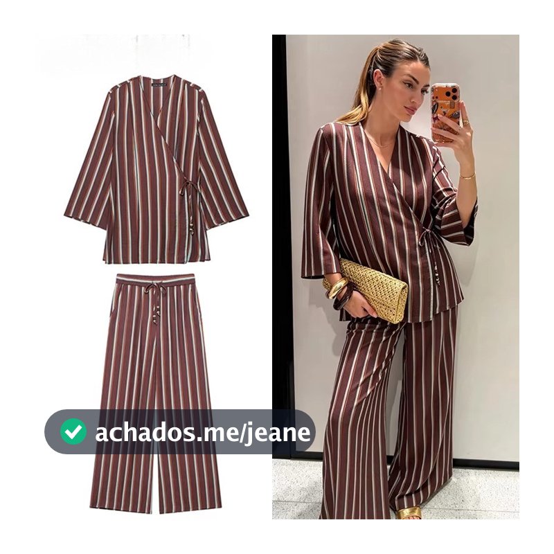 Conjunto De Blusa Listrada De Manga Comprida Estilo Retrô E Calças Largas 202608bbb