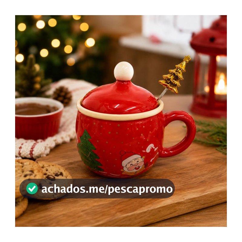 Caneca Natalina Cerâmica C/ Tampa e Colher 300ml 26891 - Vencedor