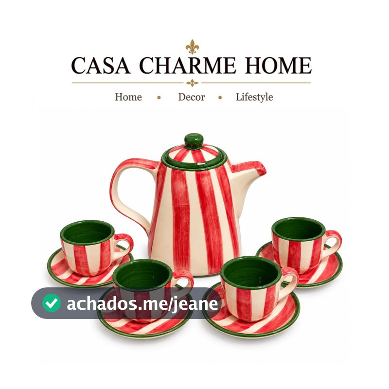 Kit Bule com 4 Xícaras de Café e Pires Natalina em Cerâmica Pintada à Mão