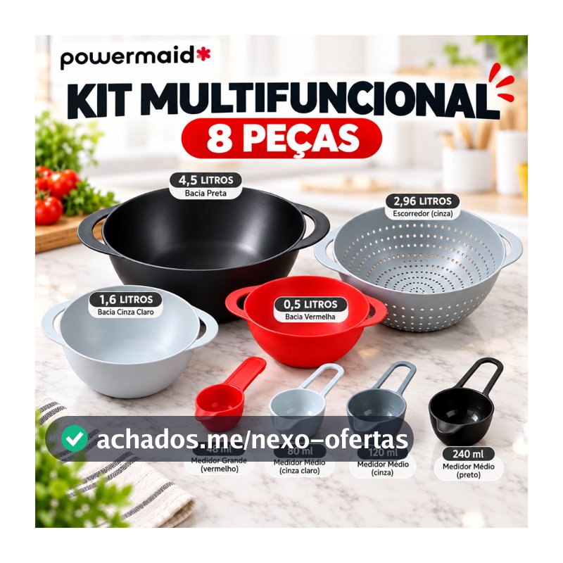 Kit Multifuncional 8 Peças Powermaid Tigelas Bowls Escorredor Medidores Cozinha Acoplável
