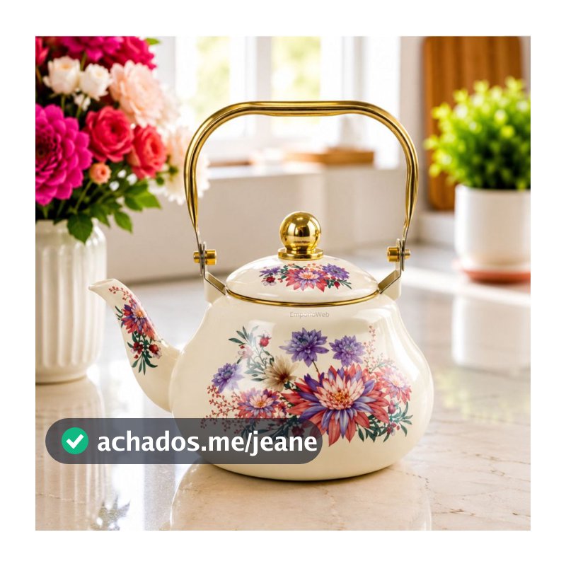 Chaleira Esmaltada Vintage Gás Chá Café Bule Estampado Alça Térmica Mesa Posta 2L