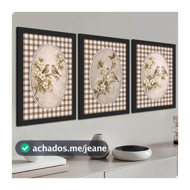 3 quadros decorativos pássaros ramos e flores, fofos e delicados com moldura e laminação fosca, sem vidro mais leve