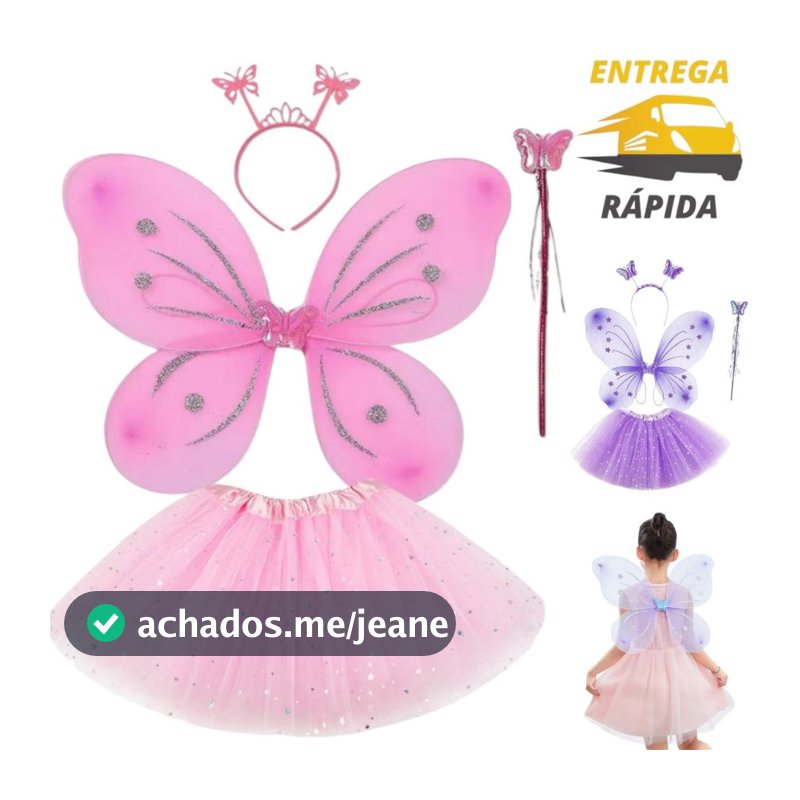 Fantasia De Fada Borboleta Asa Com Varinha, Tiara e Saia