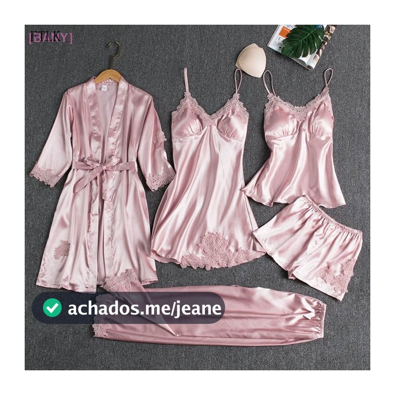 [BANY] Conjunto de Pijamas de Seda para Mulheres com 5 Peças, Vestido de Pijama com Decote em V e Camisola Us