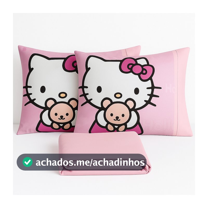 Jogo de Lençol com elástico e Fronha Ponto Palito 3 peças Casal/Queen/King  Hello Kitty Toque Macio