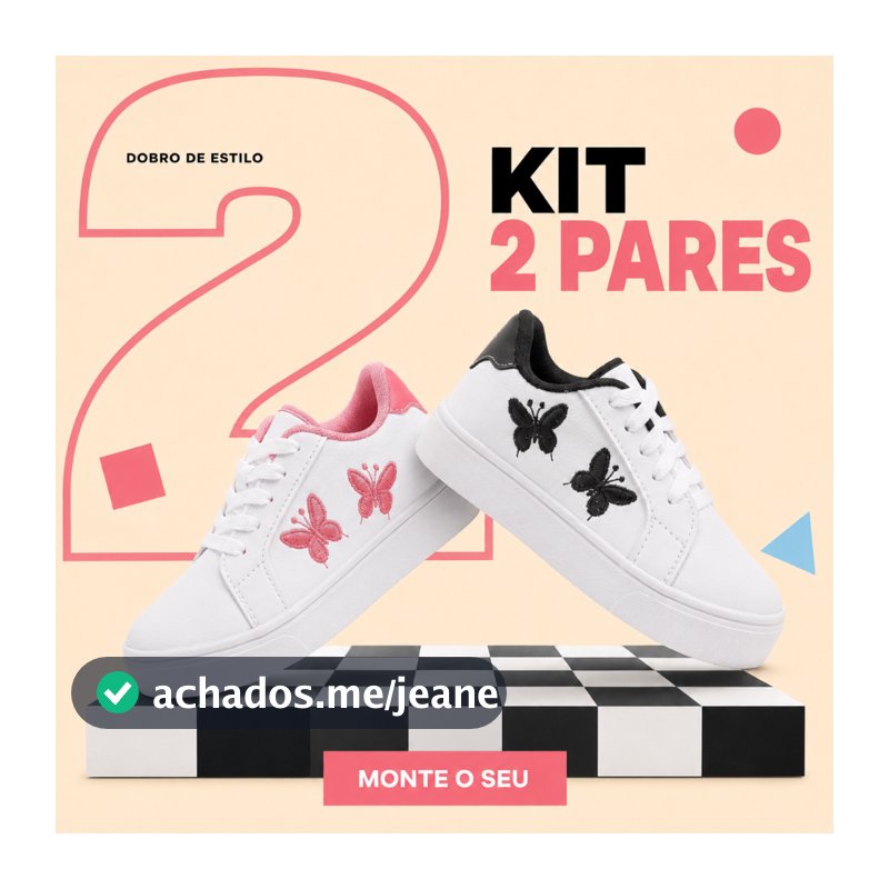 Kit 2 Pares Tênis Infantil Feminino Borboleta Bordada Escolar Dia a Dia Conforto Moda