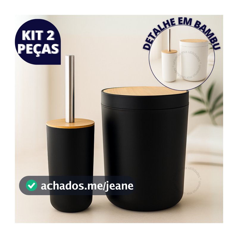 Kit 2 Peças Banheiro Lixeira C/ Tampa Escova Sanitaria Detalhes Em Bambu Luxo