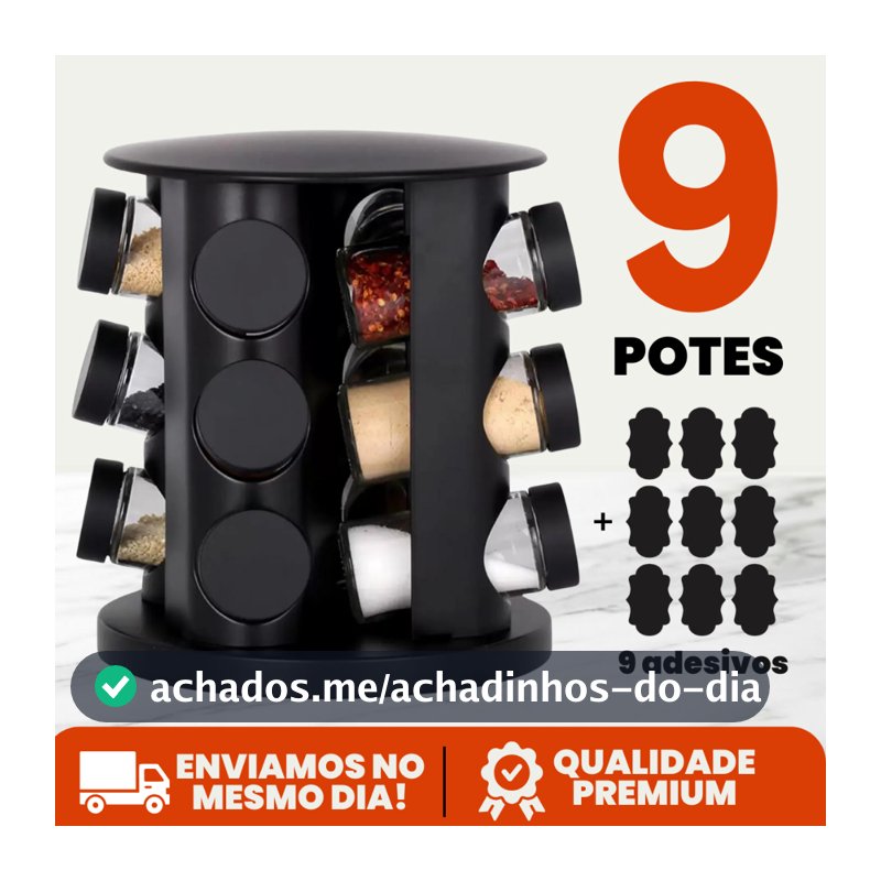 Porta Tempero Condimento Girátorio 9 Potes Cozinha Preto 360 Graus Organizador Dosador Profissional
