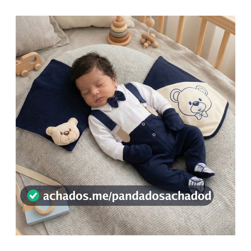Saída Maternidade Menino Azul Marinho com Suspensório 100% Algodão Roupa Bebê Enxoval