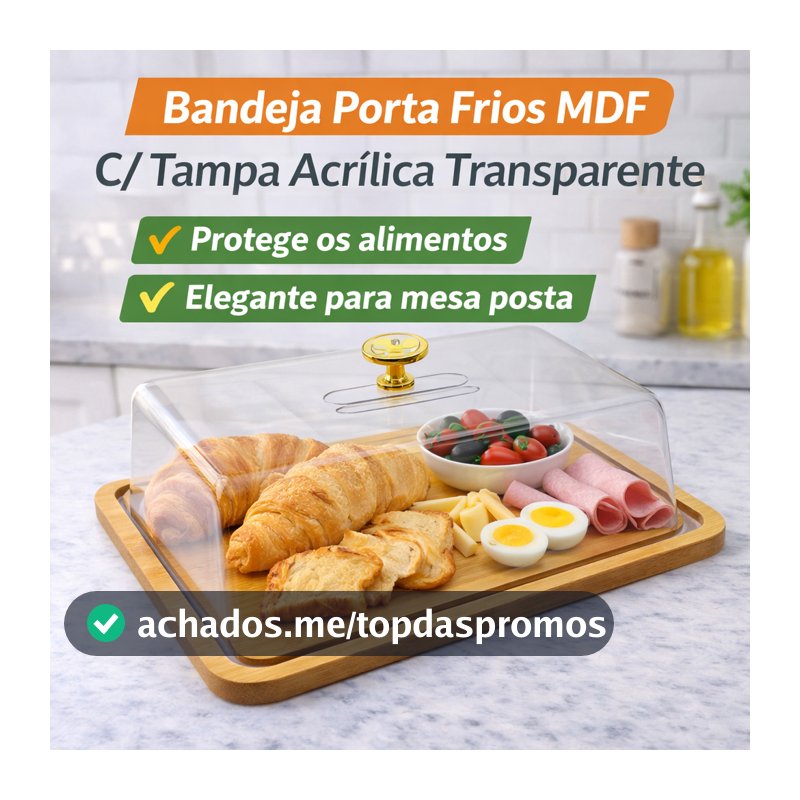 Bandeja Porta Frios MDF com Tampa Acrílica Porta Pães Bolos Queijos Bandeja Café da Manhã Mesa Posta
