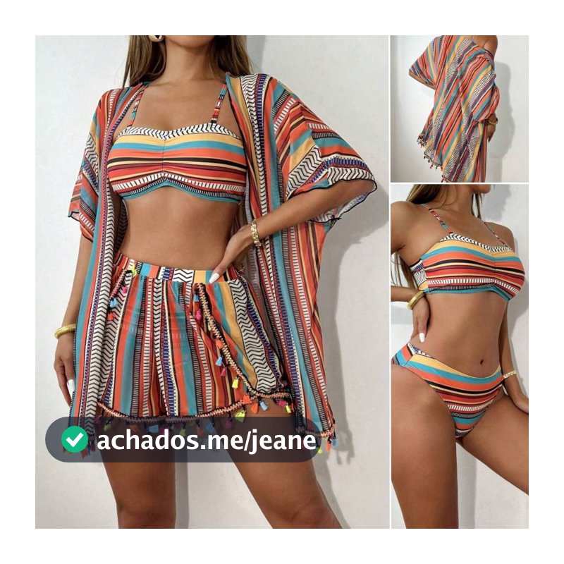 Conjunto De 4 Peças Biquíni Feminino Sexy Estampado Boho Saida de Praia de Banho