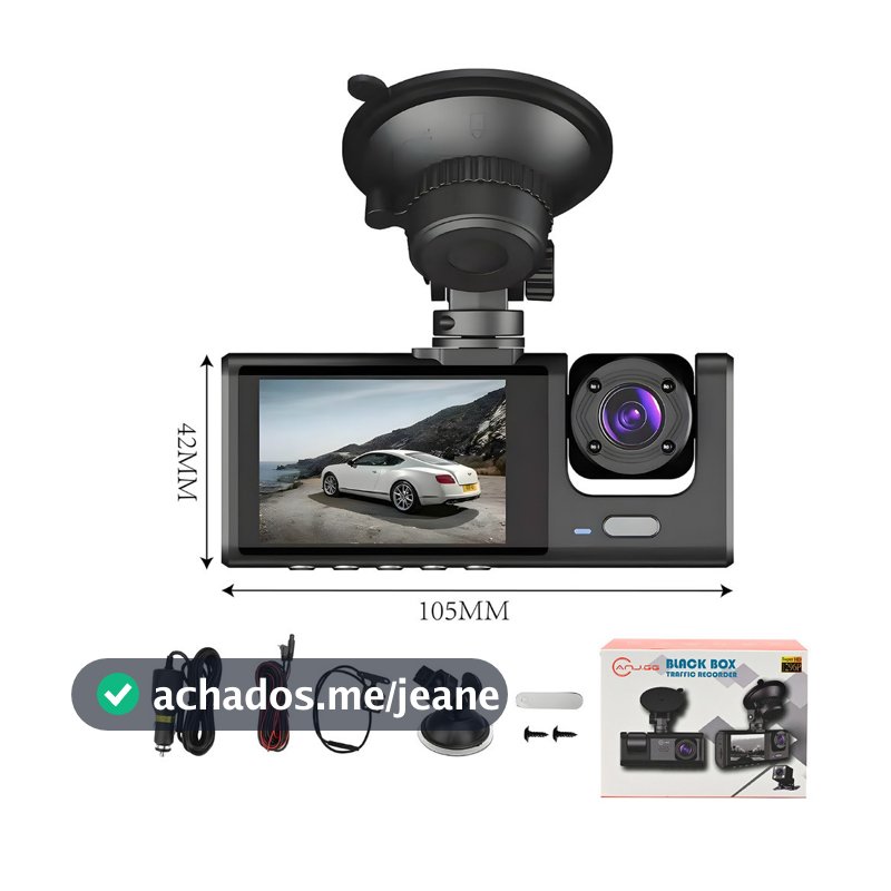Câmera Veicular Full HD 1080p 3 Lentes (Frontal + Interna + Traseira) com Tela LCD | DVR Automotivo com Visão Noturna