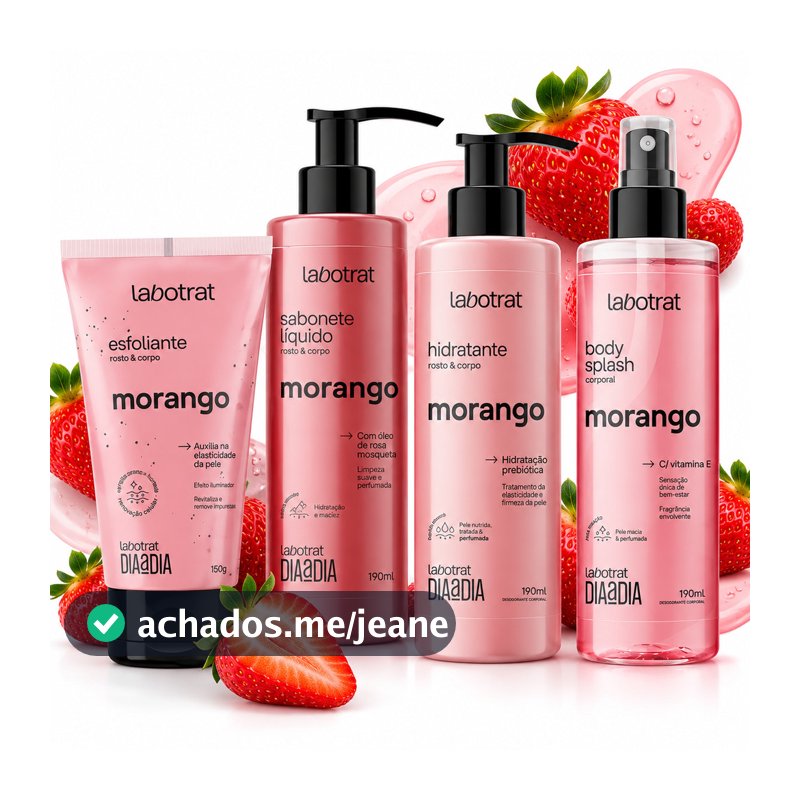 Kit  4 Morango  Esfoliante Hidratante Sabonete Body Splash Dia a Dia Labotrat