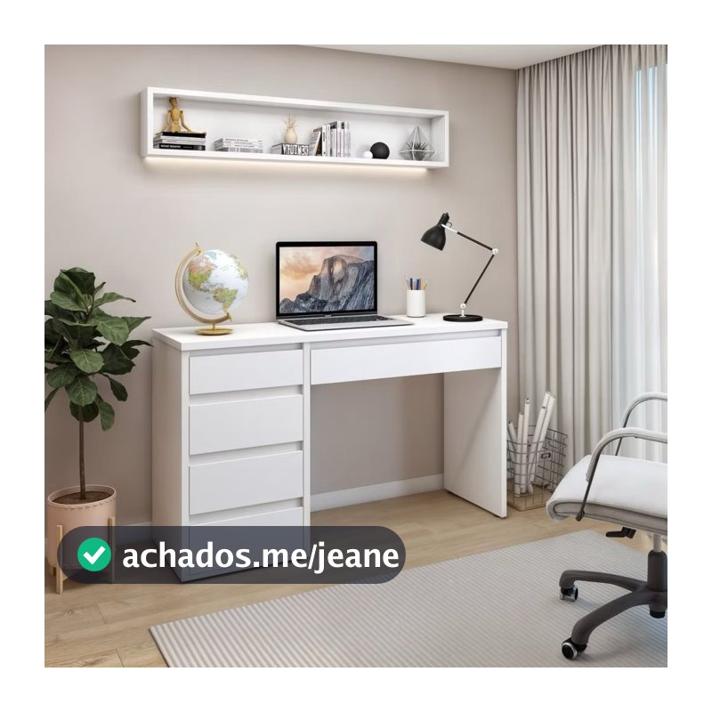 Escrivaninha Penteadeira 115 cm com 5 Gavetas Branca Mesa Home Office Estudo Maquiagem