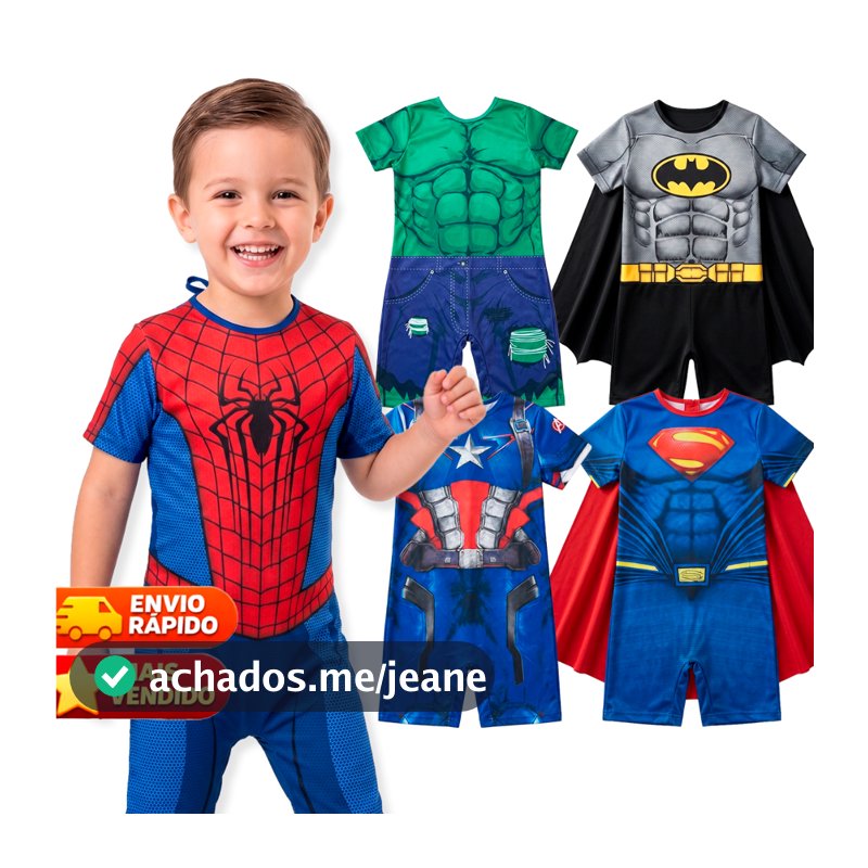 Fantasia Menino Super-Heróis Hulk Aranha América Ferro 1 a 8 Anos Envio Imediato