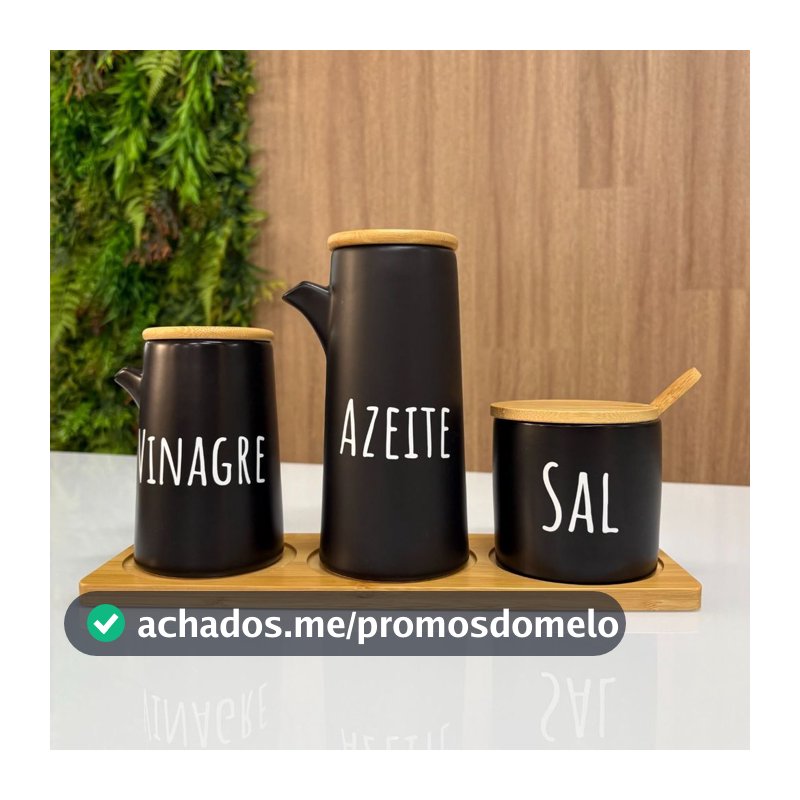 Kit Porta Temperos em Cerâmica - Azeite, Vinagre e Saleiro com Suporte de Bambu e colher