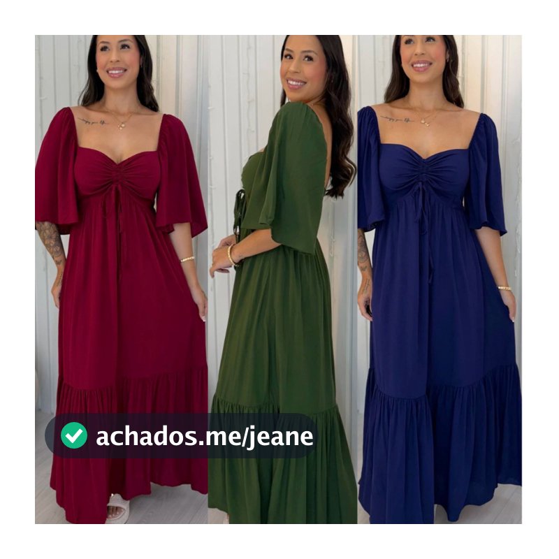 VESTIDO LONGO FEMININO ELEGANTE MANGA BABADO EN TECIDO DUNA DECOTE OMBRO OMBRO