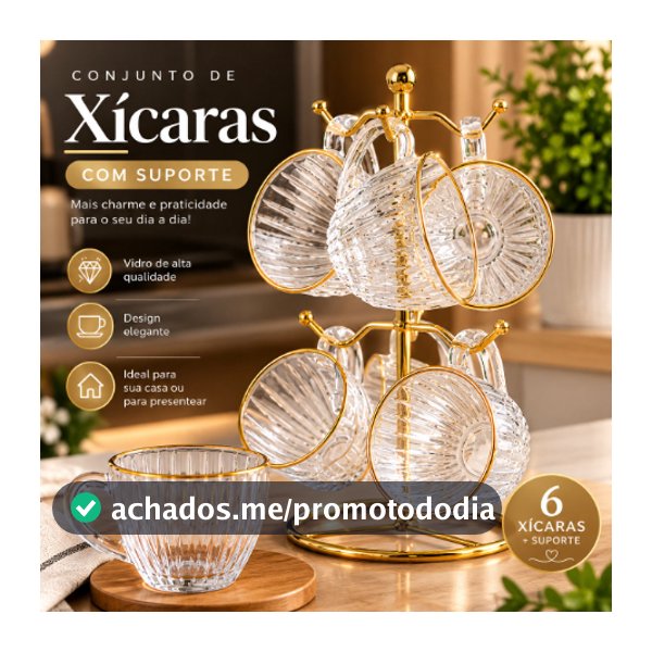 Jogo de Xícaras para Café 90ml Melina com Suporte Dourado