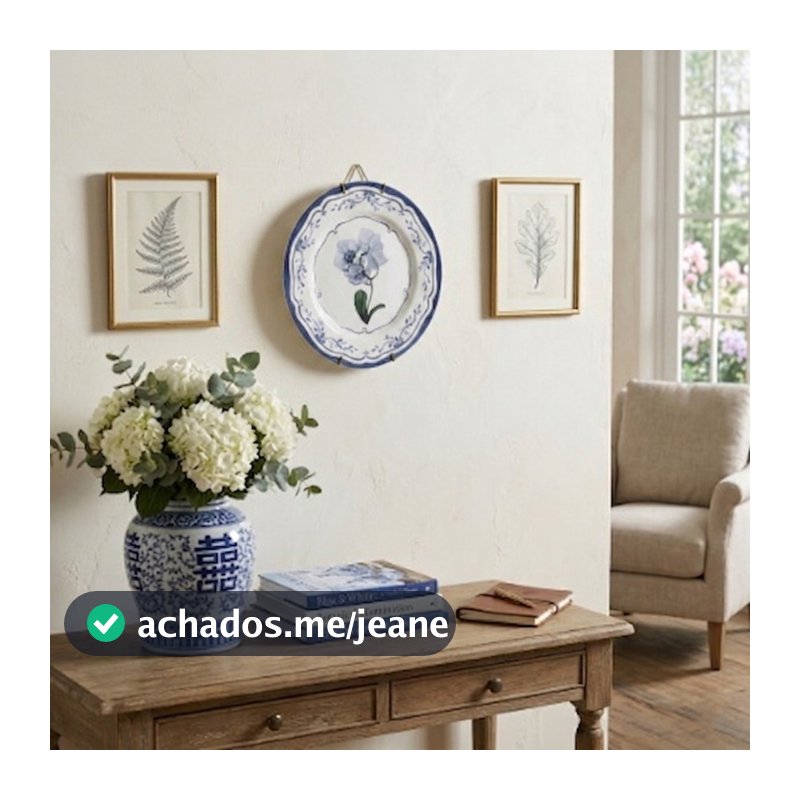 Prato Decorativo Cerâmica 20cm com Suporte Flores Azuis Mesa Sala Aparador Decoração Clássica