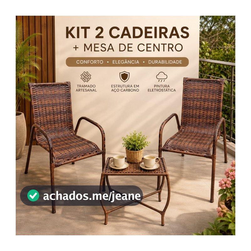 Kit 2 Cadeiras Com Mesa de Centro Fibra Junco Sintético Para Jardim Area Externa e Interna, Empilhavel Facil de Guardar